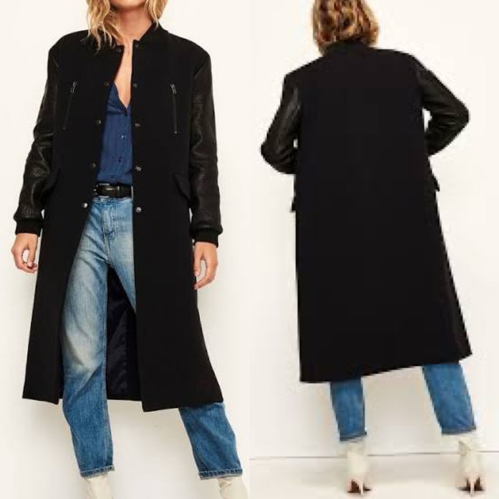 Ba&Sh Manteau Casanova Black / Navy Wool & Leather Long Coat Size 0